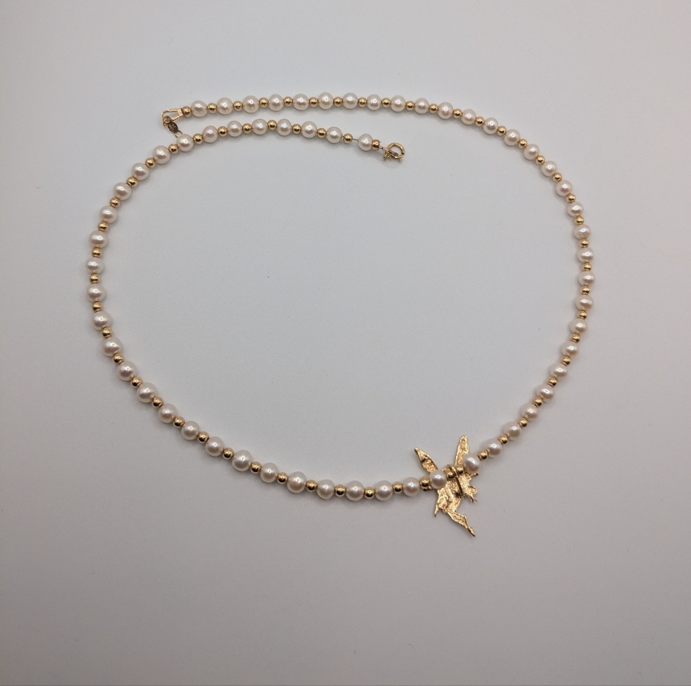 14k Yellow Gold Beaded Pearl Necklace With Fairy Pendant - Picture 10 of 15